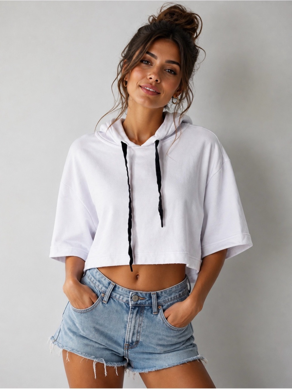 ALO Yoga White Cropped Oversized Hoodie with Black Drawstrings
